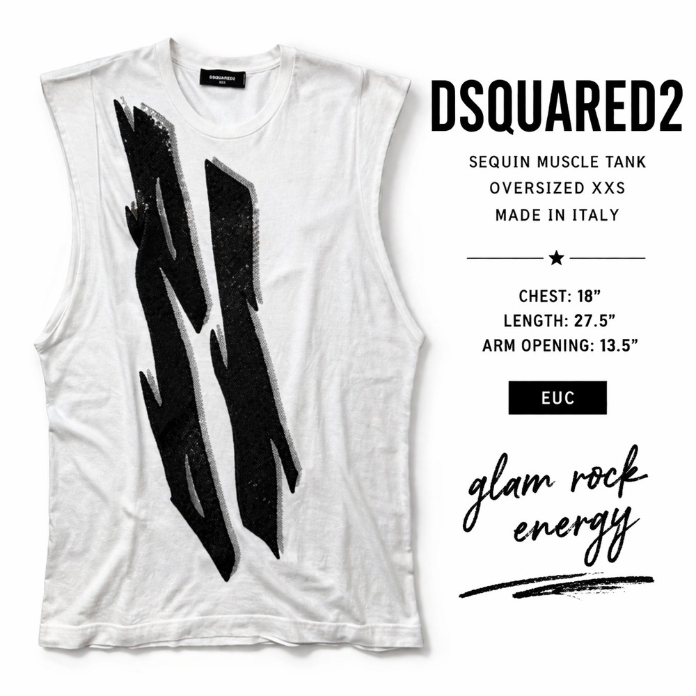 DSQUARED2 Sequin Muscle Tank Oversized XXS Fits XS S Italy Cotton Top Glam Rock